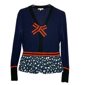 Paule Ka L Navy Cardigan Sweater Peplum Hem Bow Detail Twee Aesthetic Quirky